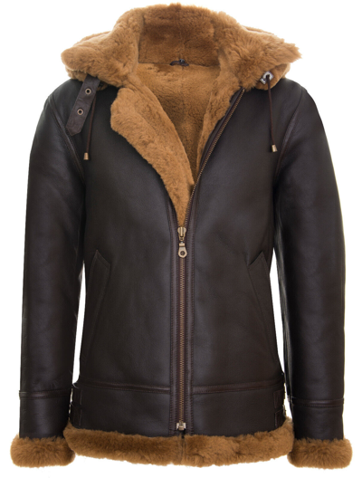 Pre-owned Infinity Men's Genuine Sheepskin Flying Jacket Classic Hooded Bomber B3 Aviator Brown