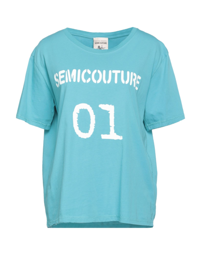Semicouture Womans Light Blue Cotton T-shirt With Logo Print