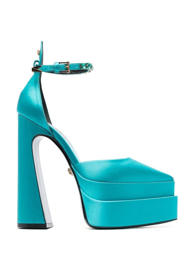 Versace 170mm Mary Jane Platform Pumps In Teal-gold
