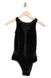 JUST ONE FLOCKED MESH VELVET BODYSUIT