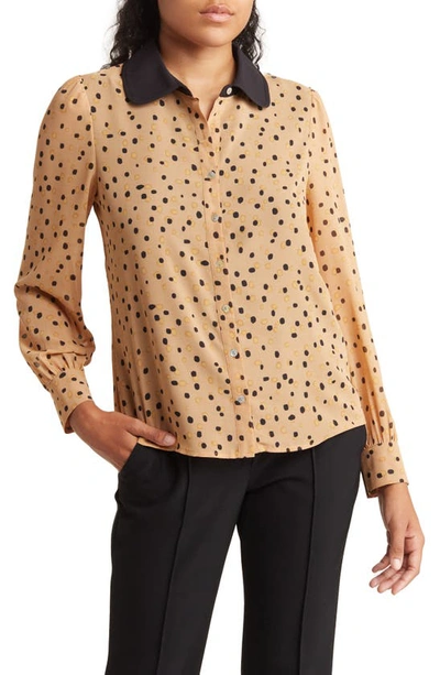 Dr2 By Daniel Rainn Peter Pan Collar Polka Dot Button Front Long Sleeve Blouse In Camel