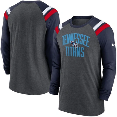 Nike Heathered Charcoal/navy Tennessee Titans Tri-blend Raglan Athletic Long Sleeve Fashion T-shirt In Heather Charcoal