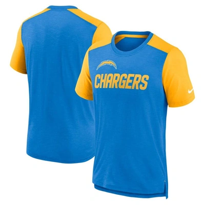 NIKE NIKE HEATHERED POWDER BLUE/HEATHERED GOLD LOS ANGELES CHARGERS COLOR BLOCK TEAM NAME T-SHIRT