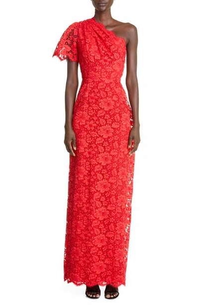 Adam Lippes Floral Lace One-shoulder Gown In Red