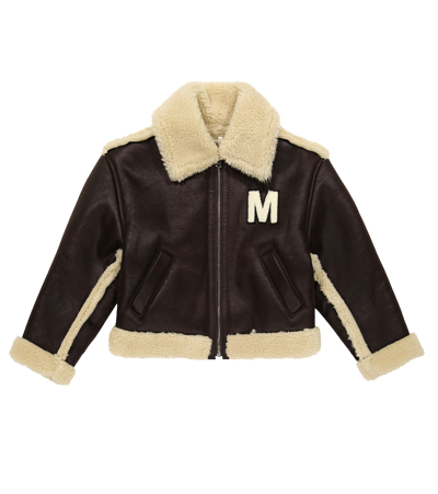 Mm6 Maison Margiela Shearling-trim Logo Leather Jacket In Brown
