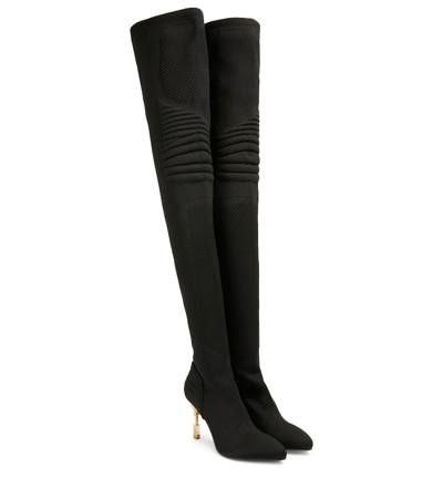 Balmain Moneta Knit Over-the-knee Boots In Noir