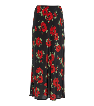 Rixo London Kelly Floral Silk Slip Midi Skirt In Black Poppy
