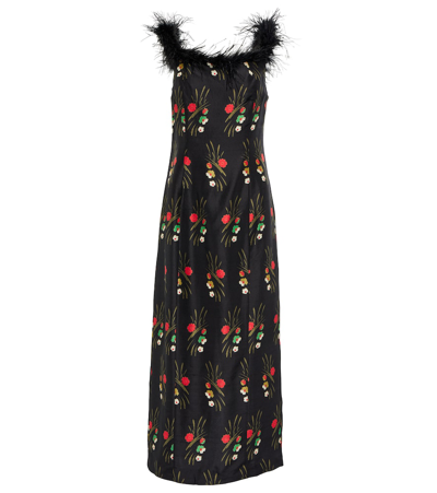 Rixo London Floral-print Feather-trim Dress In Black