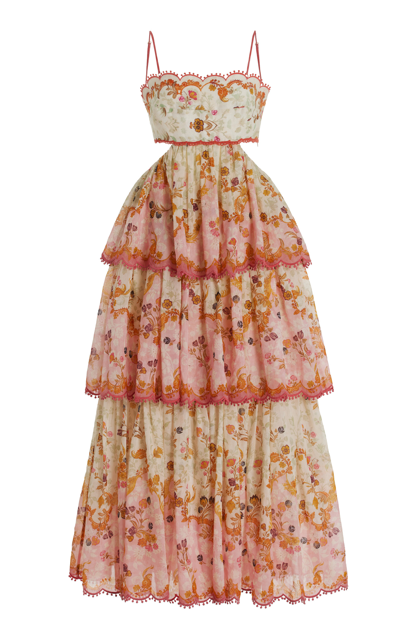 Zimmermann Laurel Long Multicolor Frill Dress With Floreal Print In Cotton And Silk Blend Woman In Rose