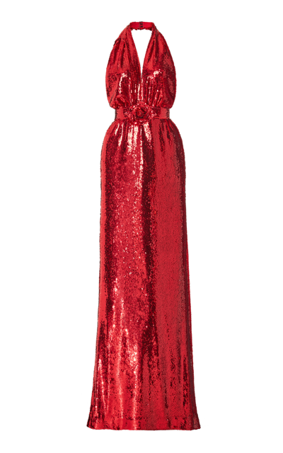 Rodarte Flower-embellished Sequin Halter Gown In Red