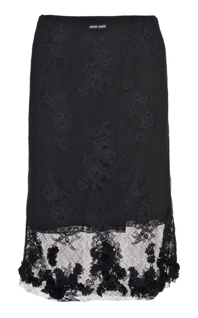 Miu Miu Floral-lace Detail Midi Skirt In Black