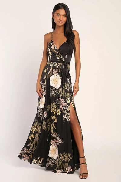 Lulus Still The One Black Floral Print Satin Maxi Dress