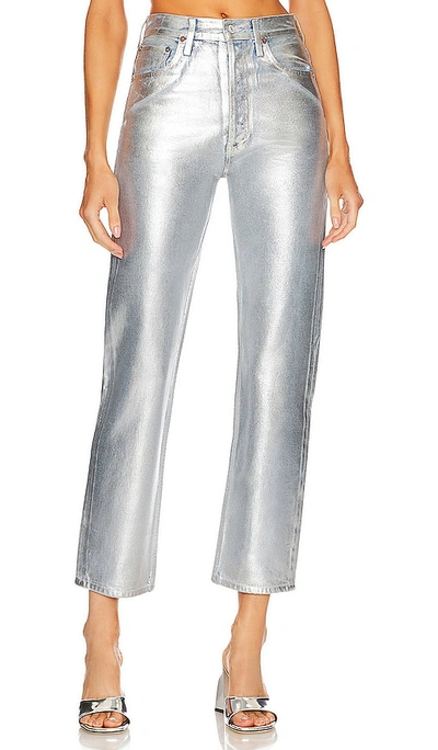 Agolde Women's 90s Pinch-waist High-rise Metallic Straight-leg Jeans In Tin Foil
