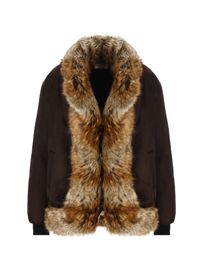 Saint Laurent Faux Fur-trimmed Satin Bomber Jacket In Chataigne