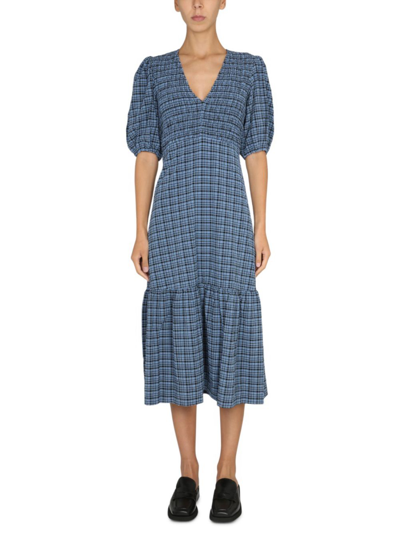 Ganni Black & Blue Checked Midi Dress