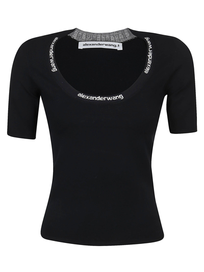 Alexander Wang Logo-trim Scoop-neck T-shirt In Black