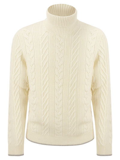 Peserico Wool And Cashmere Cable-knit Turtleneck Sweater In White