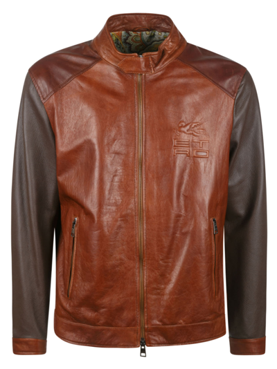 Etro Logo Embossed High-neck Leather Jacket In Brown