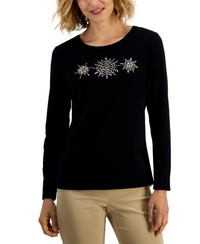 Karen Scott Petite Embellished Snowflake-graphic T-shirt, Created For Macy's In Deep Black