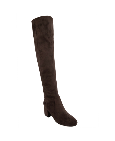 Sugar Women's Ollie Over The Knee High Calf Boots In Brown Stretch Microsuede