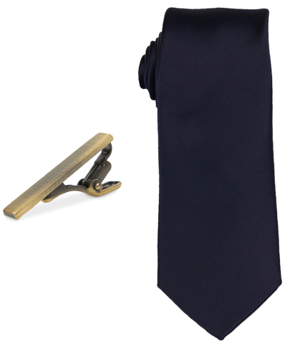 Construct Men's Solid Tie & 1-1/2" Tie Bar Set In Ink