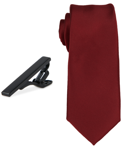 Construct Men's Solid Tie & 1-1/2" Tie Bar Set In Red Velvet