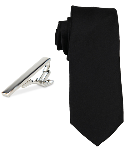 Construct Men's Solid Tie & 1-1/2" Tie Bar Set In Noir