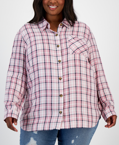 Love, Fire Plus Size Plaid Button-down Top In Pink Plaid
