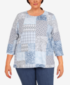 ALFRED DUNNER PLUS SIZE VICTORIA FALLS CREW NECK 3/4 SLEEVE MONOTONE PRINT TOP