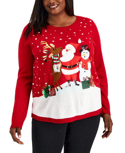 Karen Scott Plus Size Singing Santa Embellished Sweater, Created For Macy's In New Red Amore
