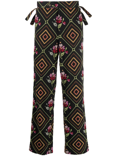 Bode Patterned Straight-leg Trousers In Black
