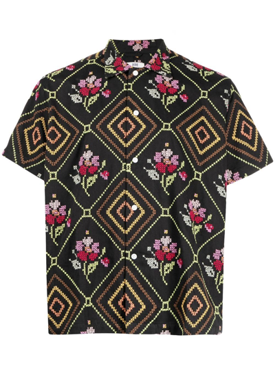 Bode Floral-print Short-sleeved Shirt In Black