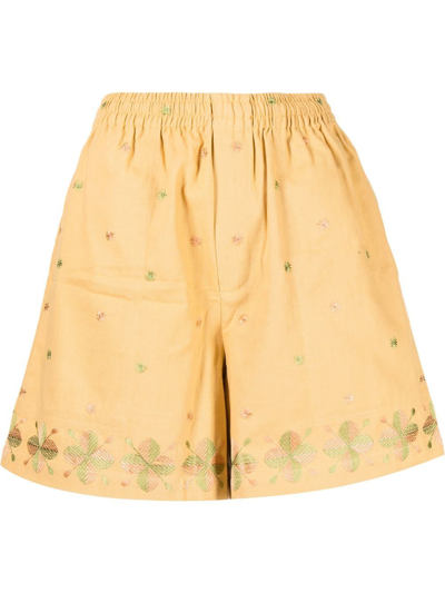 Bode Embroidered-pattern Flared Shorts In Brown