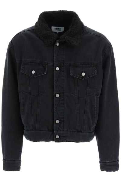 Mm6 Maison Margiela Kaban Mm6 Black Denim Jacket With Eco-fur Collar.