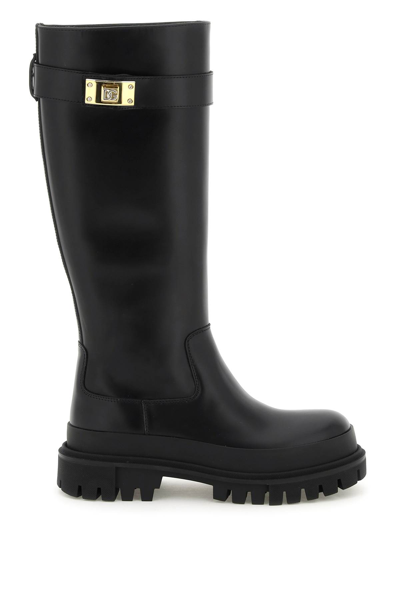 Dolce & Gabbana Leather Antik Boots With Branded Closure In Black