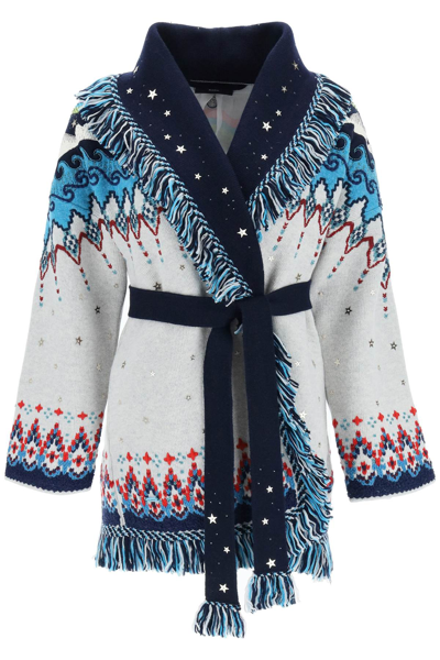 Alanui Northern Lights Embellished Fringed Jacquard-knit Wool Cardigan In Gray