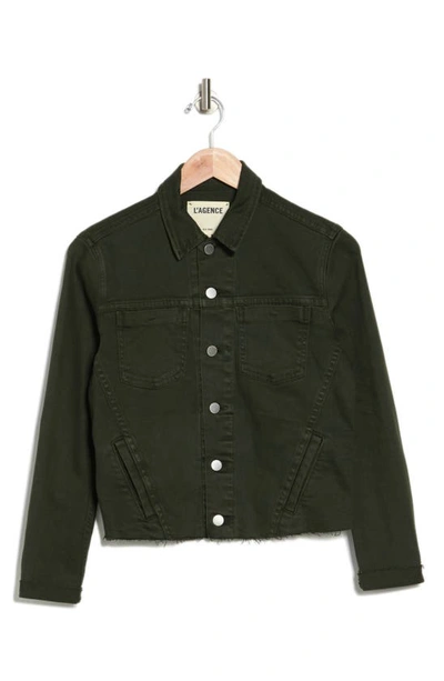 L Agence Janelle Raw Cut Slim Denim Jacket In Dark Army Distressed