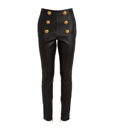 Balmain Button-embossed Leather Leggings In Black