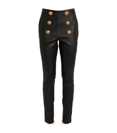 Balmain Button-embellished Leather Leggings In Black