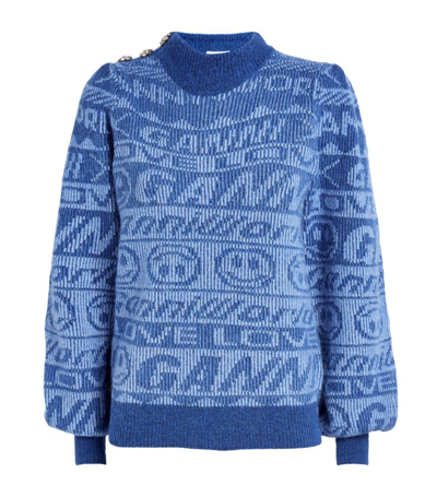 Ganni Rib-knit Logo Sweater In Blue