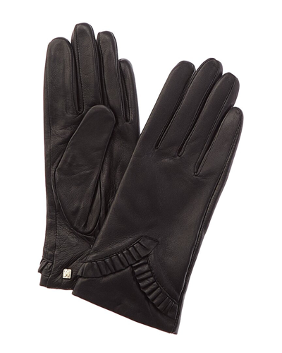 Bruno Magli Chevron Ruffle Cashmere-lined Leather Gloves In Black