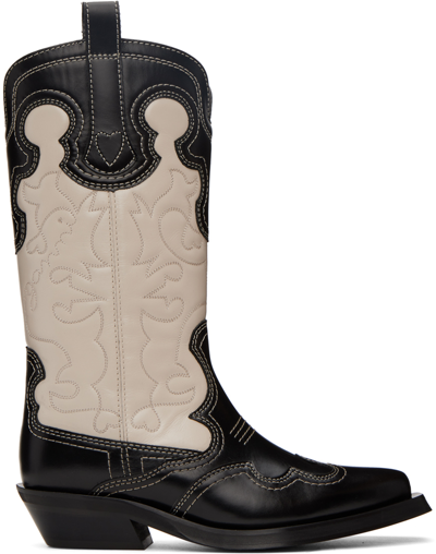 Ganni Black And White Embroidered Leather Western Boots