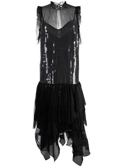 Sacai Sequinned Asymmetric Midi Dress In Black