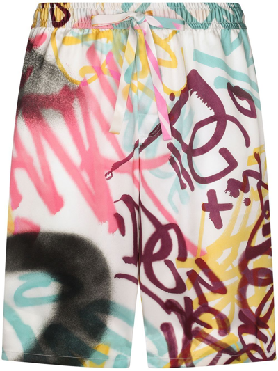 Dolce & Gabbana Silk Jogging Shorts With Spray-paint Graffiti Print In White