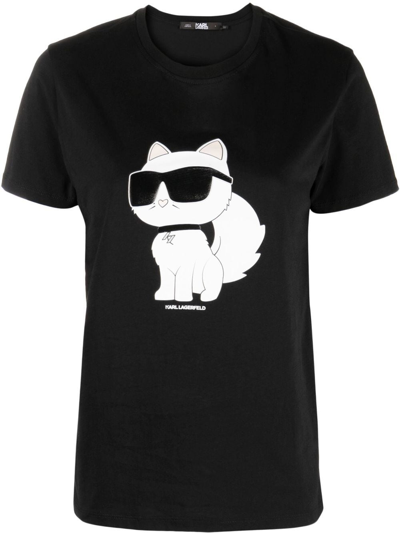 Karl Lagerfeld Ikon Choupette Rhinestone-embellished T-shirt In Black