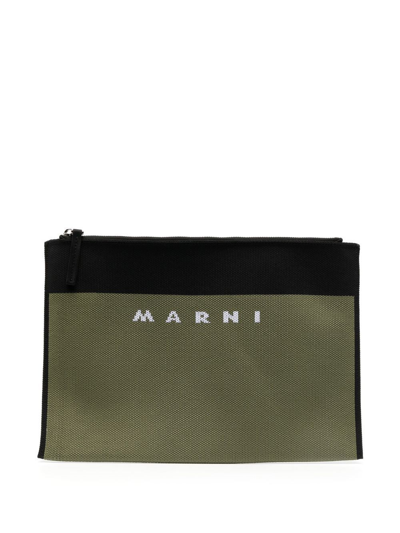 Marni Logo-jacquard Clutch Bag In Green