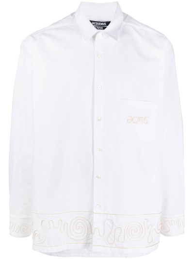 Jacquemus Embroidered Design Long-sleeve Shirt In White/beige Embroide