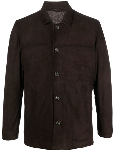 Barba Leather Button-up Jacket In Brown
