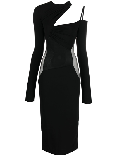 Nensi Dojaka Asymmetric Sheer-insert Midi-dress In Black