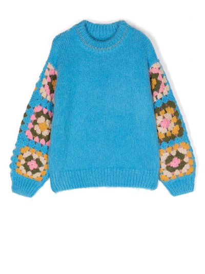 Mc2 Saint Barth Kids' Crochet-sleeve Knitted Jumper In Blue